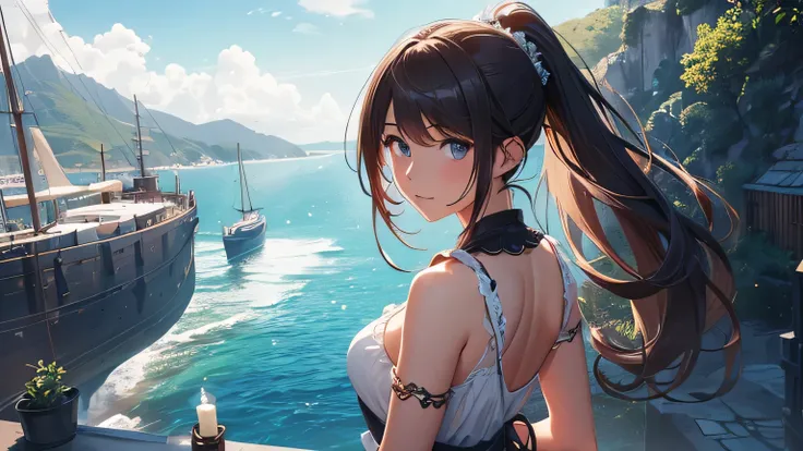 (8k, RAW foto, mejor calidad, (Obra maestra, super high quality, super detailed), anime style paisaje, chica joven, Absoluto, velas escarlatas, girl looking at the sea from the coast, camera looking at the sea, detalles intrincados, sailing ship with velas...