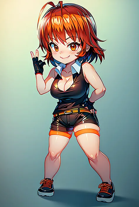 One Girl, single, alone, Beautiful Anime  Girl, 
((bright orange eyes,
short hair:2.0, Wavy Hair, Dirty hair:1.2, Ahoge, Long Bangs, Redhead)),((Big Breasts)),((Black Micro shorts,sleeveless top)),big smile,