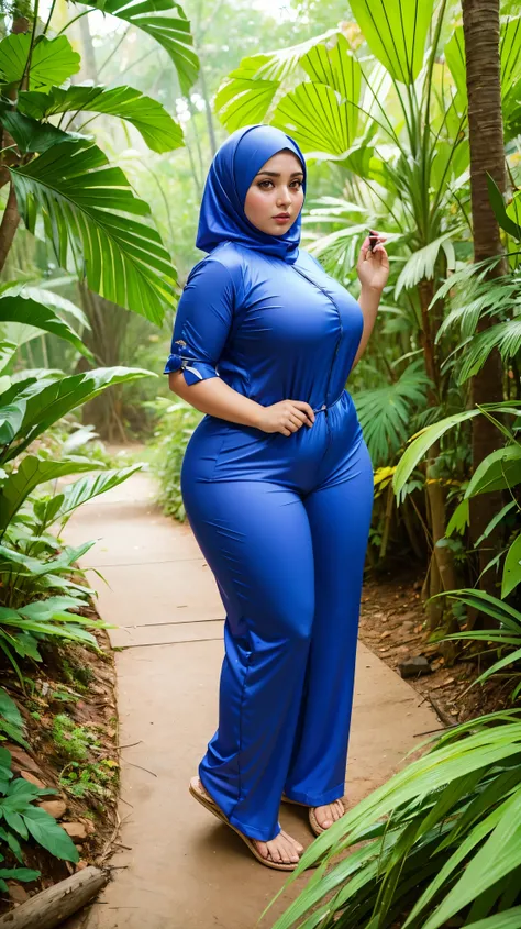 Arabic Woman in jungle, muslim, hijab, curvy body , wearing jumpsuit pajamas, beautiful woman, very detail ,pawg, long legs ,thick high, full body in camera, pawg, wearing strap wedges