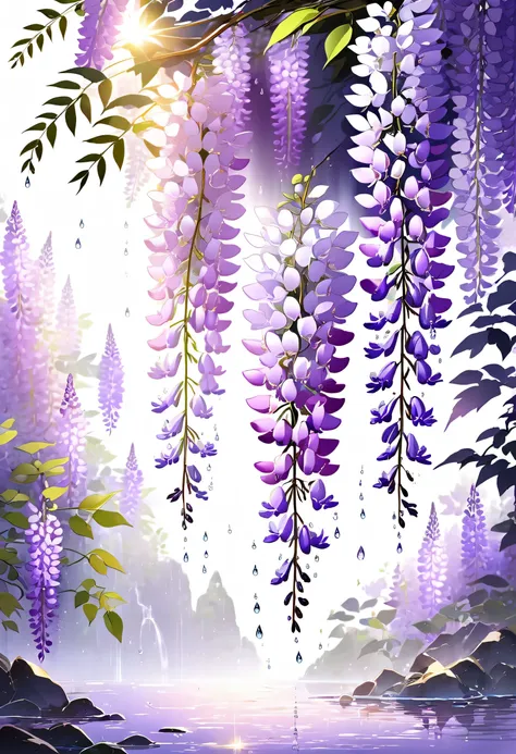 peep land、awareness-raising、weather rain、wisteria flower、glowing purple flower、green leaf glow、lots of wisteria flowers、water dr...