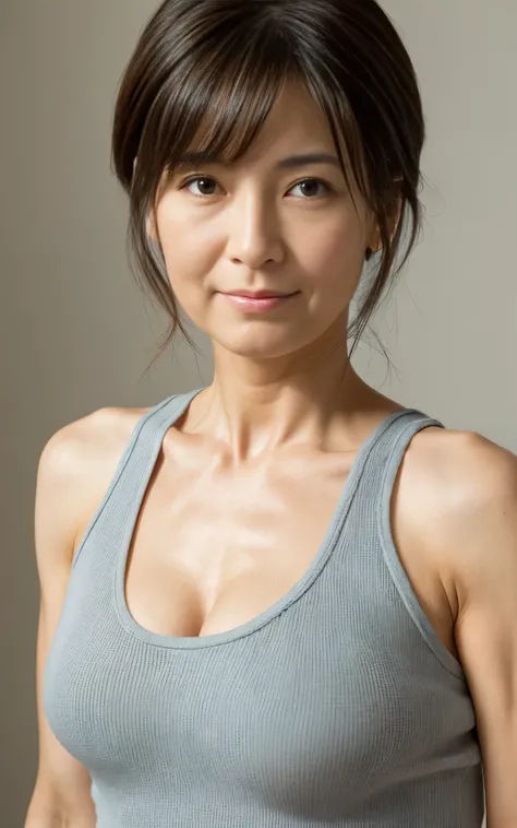 (close up:1.1, portrait), (1 Japanese mature woman), (Solo), 50 years old, ((Perfect Anatomy)),((plump)),flat-color background, gravure,((swetty tanktop)),  Best Quality, Ultra-detailed, Photorealistic, super detailed skin, ((Looking at Viewer:1.3)), Matur...