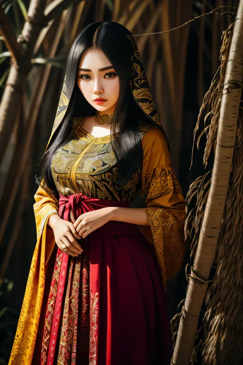 1 gadis cantik indonesia,rambut di sanggul dan ada hiasan kembang melati dan mahkota,memakai setelan kebaya adat Bali berwarna putih,rok kain batik.