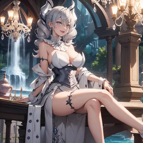 ((masterpiece)),(best quality), ((extremely detailed CG unity 4k wallpaper)),(cinematic lighting), (an extremely delicate and beautiful evil girl:1.3),face, fixed eye, hand fixed (++silver hair++), pink eyes, long hair, jewelry,earrings, :d, maid, labrynth...