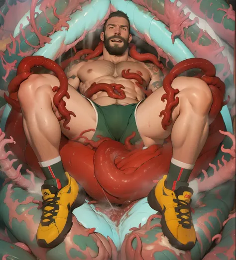 male white 40yo hairy handsome hiker being swallowed by colorful carnivorous plant with teeth and is being digested alive with pleasure he is yelling in pleasure while becoming sexual food to his predator, interspecies, vore, wet, digestion, inside creatur...