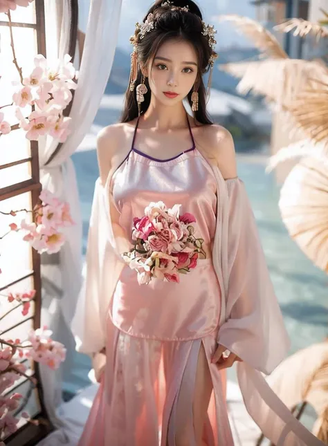 1 girl,(best quality, masterpiece:1.2), Super detailed,Solo selfie,Off-shoulder dress,Chinese Princess, (Pink belly pocket:1.3, ) ( Hanfu,Sea),cloudy day,Bay window,plant,water surface,Vision,Background Bokeh
