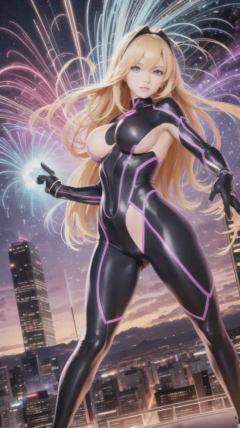 ((Jim Lee style)) Render a full-body portrait of Marvel&#39;s Dazzler in a fierce pose against a neon city backdrop。, With fireworks exploding overhead. Long blonde hair, She is exerting her powers, So there&#39;s a trail of bright light behind her, Light ...