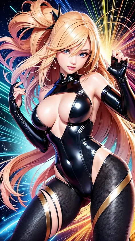 ((Jim Lee style)) Render a full-body portrait of Marvel&#39;s Dazzler in a fierce pose against a neon city backdrop。, With fireworks exploding overhead. Long blonde hair, She is exerting her powers, So there&#39;s a trail of bright light behind her, Light ...