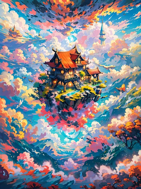 The image is、Capture mesmerizingly beautiful surreal and otherworldly aerial landscapes, The foreground of the image is vast, Colorful house roofs, Vibrant tapestry of various clouds, Vibrant colors. during the break, Countless birds, large and small, fly ...