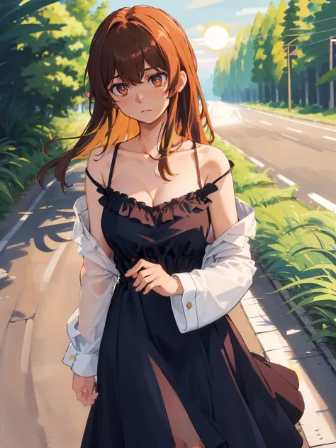 medium-chested girl standing by the side of the road, looking troubled as she checks her map in the dim light. the scene being t...