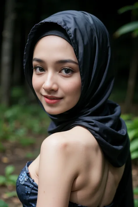 (Happy smile), (((HIJAB MALAY GIRL))), masutepiece, High quality, UHD 32K, Realistic face, Realistic skin feeling , A Japanese Lady, 8 years old, , Very cute and baby-like face, (((FLAT CHEST))), (Night time at forest), ((look In front  at the camera and S...