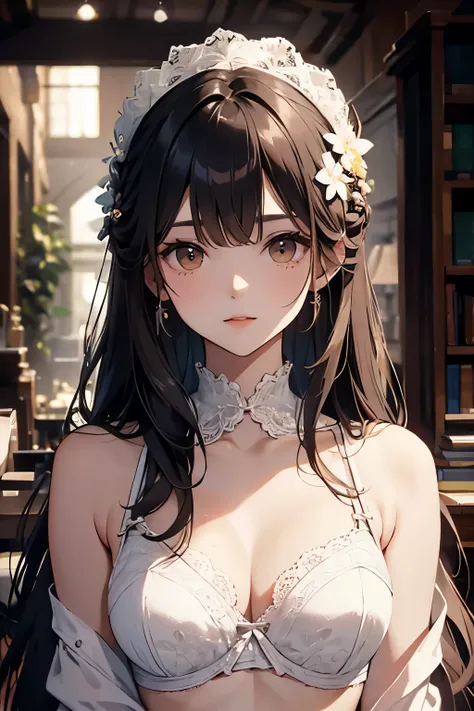 best quality, highres,Slender、Brown eyes、tall、Black Hair、(Long Hair:1.3),Straight Hair、7 life size、、White floral bra、slouch、Looking up、No hair accessories
