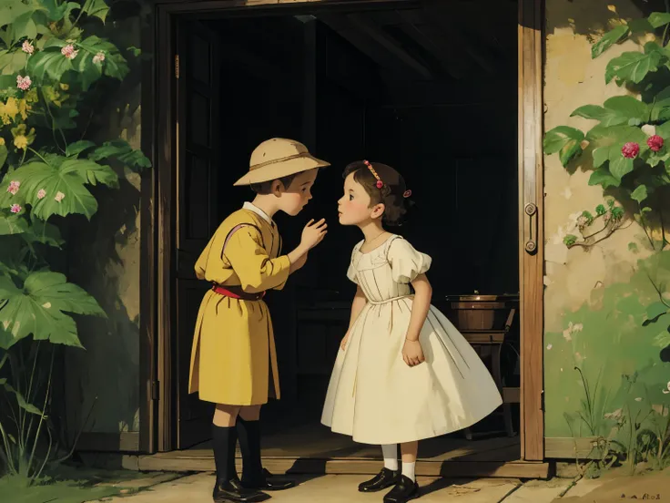 there are two children that are standing next to each other, peasant boy and girl first kiss, by Dorothy Hood, by Alice Prin, boy girl traditional romance, louis icart, joseph leyendecker, by Sun Junze, by Gerda Wegener, by Irene Bache, by Margaret Brundag...