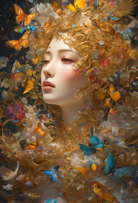 woman&#39;The head is floating、Made of water、vine、birdie、butterfly、Many small flowers are flying around, (Fantasy:1.4), Extreme Detail, Realistic Light, Great composition, (Intricate details), (Intricate Design, Very detailed :1.4), Art Station, (masterpie...