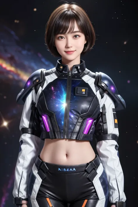 213 Short Hair, 20-year-old woman, A kind smile, Floral, Futuristic clothing, machinery suit, (The background is a galaxy and nebula), ((Clothes that show the stomach))