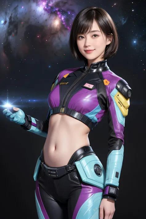 213 Short Hair, 20-year-old woman, A kind smile, Floral, Futuristic clothing, machinery suit, (The background is a galaxy and nebula), ((Clothes that show the stomach))