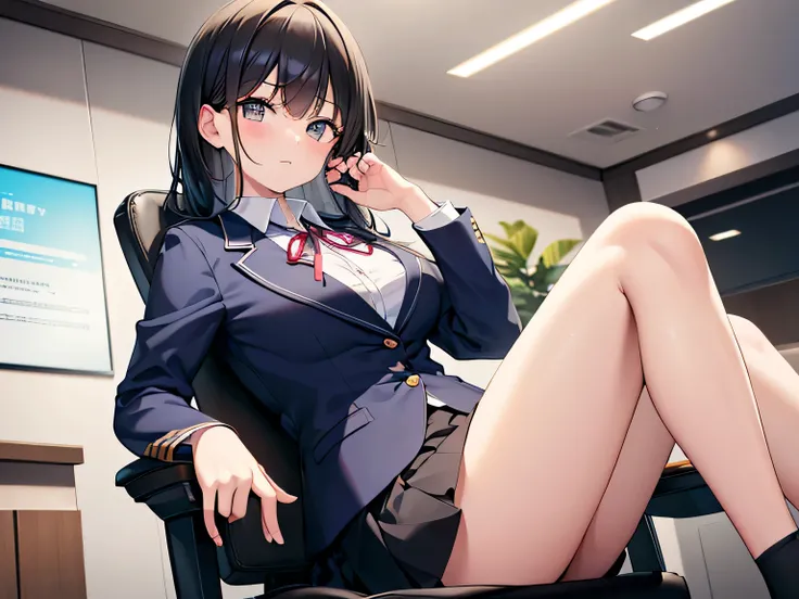 (Masterpiece, top quality, high resolution, realistic photo, realistic looking skin:1.1),
(Receptionist sitting in office chair inside reception counter serving customers:1.8),
(She has a stern look in her eyes:1.5),
(light blue blazer and skirt set-up is ...