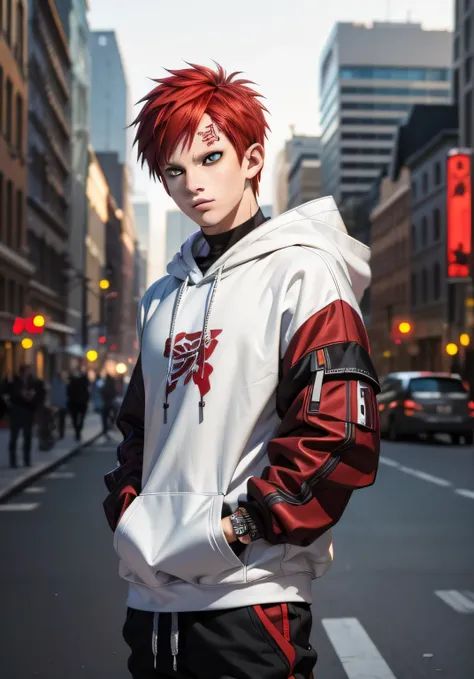 masterpiece, ultra-detailed, 1boy, male focus, upper body shot, gaara wearing streetwear hoodie, red hair, look at viewer, happy...