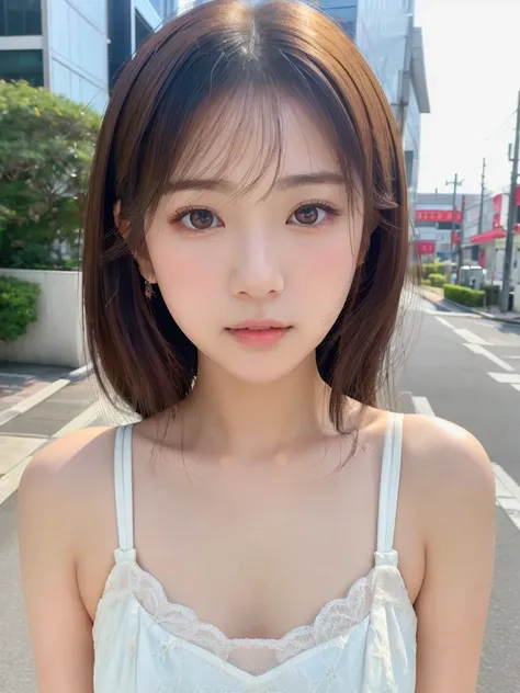 ((cute japanese girl、Beautiful Japanese Girl、One girl、19 years old、ponytail、Highly detailed face and skin texture、Ultra detailed face、Ultra-detailed eyes、Li Hong、blush、front、 cute、Highly detailed face and skin texture、Smooth white skin、Translucent skin tex...