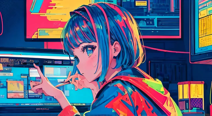 highest quality, 4k wallpaper, masterpiece, Very detailed CG Unity 8k wallpaper, Very fine grain, Very detailed, Intricate details, Retro art style, neon_pop art style, computer, living room, in the computer screen is chart stock night light,Girl is a trad...