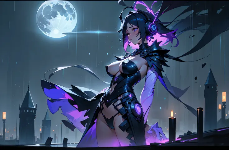 A woman wearing headphones is standing alone、A beautiful night view behind、big breasts、sexy、moonlight、exposed、Full moon in the middle、it&#39;s raining、beauty in return、Lonely feeling、whole body、I can see the castle、retro cityscape