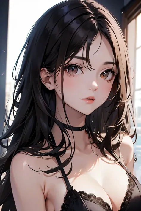 best quality, highres,Slender、Brown eyes、tall、Black Hair、(Long Hair:1.3),Straight Hair、7 life size、Black Bra、slouch、Looking up
