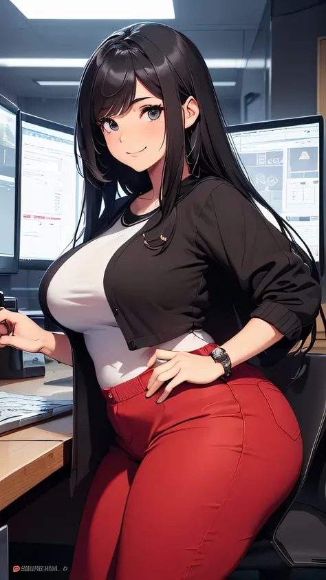 (8k, RAW foto, mejor calidad, (Obra maestra, super high quality, super detailed), anime style chica joven, Absoluto, detalles intrincados, Mujer arafed apoyada en un escritorio con tres pantallas de computadora., showing stock charts, En frente de una comp...