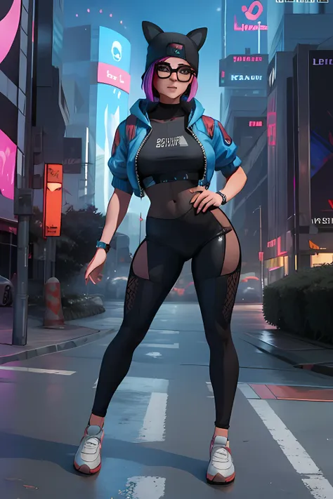 Traje de lince Cyberpunk, Noche, pulsera de picos,gorro de invierno , shorts negro con leggins Azul Marino, chaqueta azul marino ,Extremadamente detallado, rostro detallado, gafas ,hermoso rostro, ojos finos, mirando al espectador, skateboard.