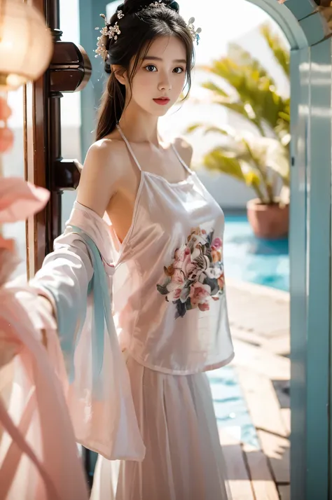 1 girl，(best quality, masterpiece:1.2), super detailed，solo selfie，off-shoulder dress,chinese princess, (pink belly pocket：1.3, ...