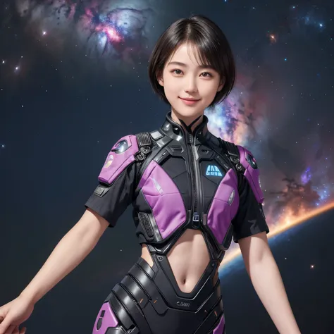 214 Short Hair, 20-year-old woman, A kind smile, Floral, Futuristic clothing, Mechanical Suit, ((Clothes that show abs、Clothes with short sleeves)), (The background is a galaxy and nebula)