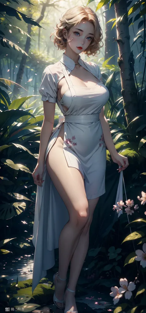 1 female，35 years old，Slim，Very large ，Big breasts and thin waist，Long legs， Solitary，（background：，Cherry blossom forest，Rainforest）standing in the forest， She has short blonde hair，Front view， curls，Cloudy sky，（（（masterpiece），（Very detailed CG unified 8K ...