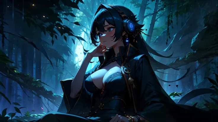 A woman wearing a yukata and headphones is sitting in the forest、Deep forests on both sides、Big Breasts、sexy、Moonlight、Yukata、Unbuttoned、Full moon in the middle、Night Forest