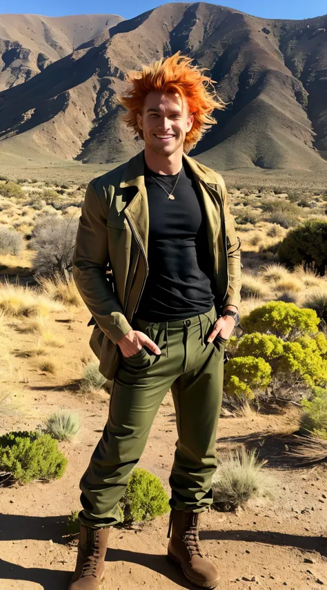 Muscular man, defined body, gold rings on every finger, Light blue gangster jacket, black shirt under jacket, Green long army pants, Brown military boots, Wicked Smile, Orange spiky hair, Messy Hair, short hair, Yellow Eyes, Big Mountain々desert landscape w...