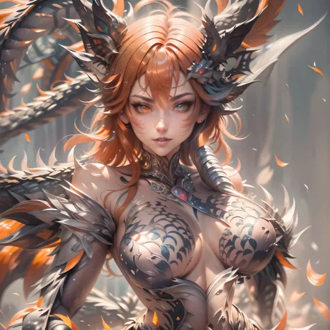 (best quality,4k,8k,highres,masterpiece:1.2, portrait), ultra-detailed, realistic, naked sexy dragon woman with glittering silver scales, skin is glittering silver scales, medium length fiery orange hair with black highlights, very playful but mischievous ...