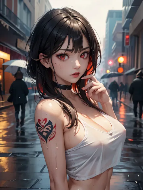 a girl, big eyes, bright eyes, red eyes, black hair with red tips, short messy hair with long sides, medium breasts wearing a wh...