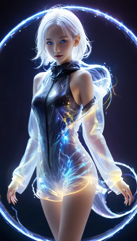 bail_particle,bail_line,line light,particle of light,a girl made of particle,white hair,halter_set,1 girl,bail_light element,tra...