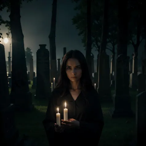 I imagine a scene where several skeletal figures, representando a Morte, are gathered over graves in a cemetery, Waiting in silence. Cada uma delas tem uma postura solene, com suas capas escuras flutuando suavemente ao vento noturno. Their expressionless f...