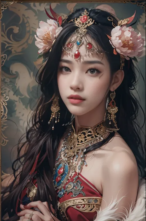 Best quality，masterpiece，((Ultra-fine high resolution))，（Reality：1.4），RAW photos，，Implications，1 girl，Handheld weapons，（Solo exhibitions：1.2），（cowboy lens：1.2），（hair crown：1.2），Traditional costumes of Dunhuang, China，Strapless，（Red Eyeliner：1.2），（black eye...