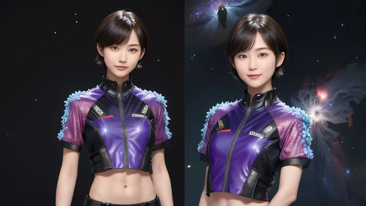 214 Short Hair, 20-year-old woman, A kind smile, Floral, Futuristic clothing, machinery suit, ((Clothes that show abs、Clothes with short sleeves)), (The background is a galaxy and nebula)