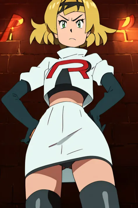 masterpiece,best quality,high res,high quality,8k, masterpiece,highres, team rocket uniform, red letter r, white skirt,white crop top,black thigh-high boots, black elbow gloves, glaring angrily, looking down at viewer, hands on hips, cowboy shot, zettai ry...