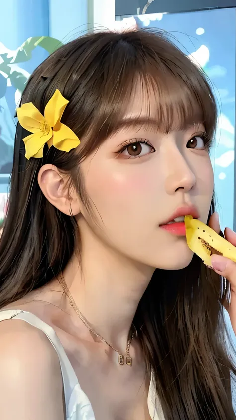 there is a woman eating a banana., larisa manovar, official artwork, portraits of korean female idols, lalisa manoban of blackpi...