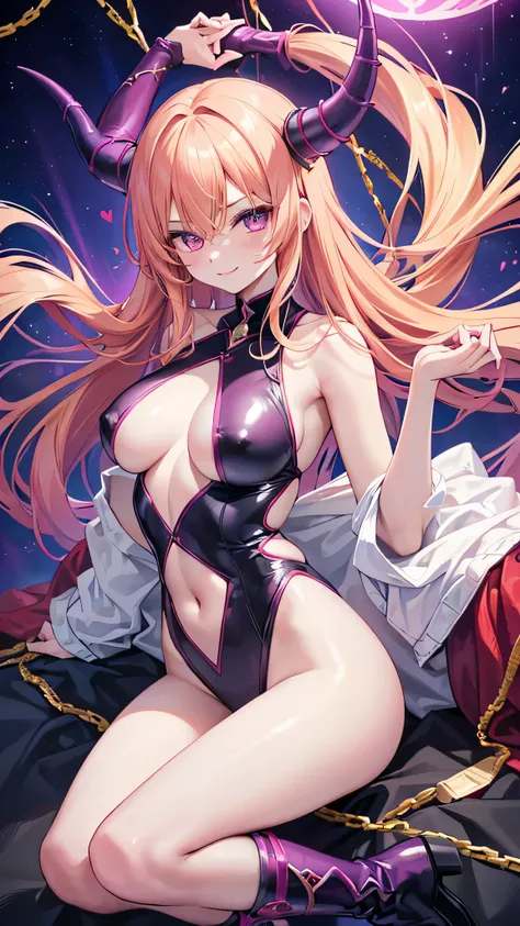 Sentai Series、1girl、Villainous female executive、A purple leotard that only covers the nipples and crotch、Gold decoration on chest、sexy、Blonde、Red eyes、Handsome face、Coral-colored lips、Slender body、Perfect proportions、short boots、Wicked Smile、((Devilish dec...