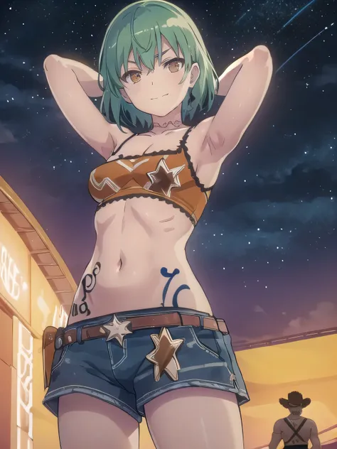  solo, 1girl, hikage, crop top, tattoo, off shoulder, looking at viewer, best quality, v-eyebrows, solo, night sky, beach, arms behind head, short hair, contrapposto, spread armpits, closed mouth, expressionless, (cowboy shot:1.5), smile