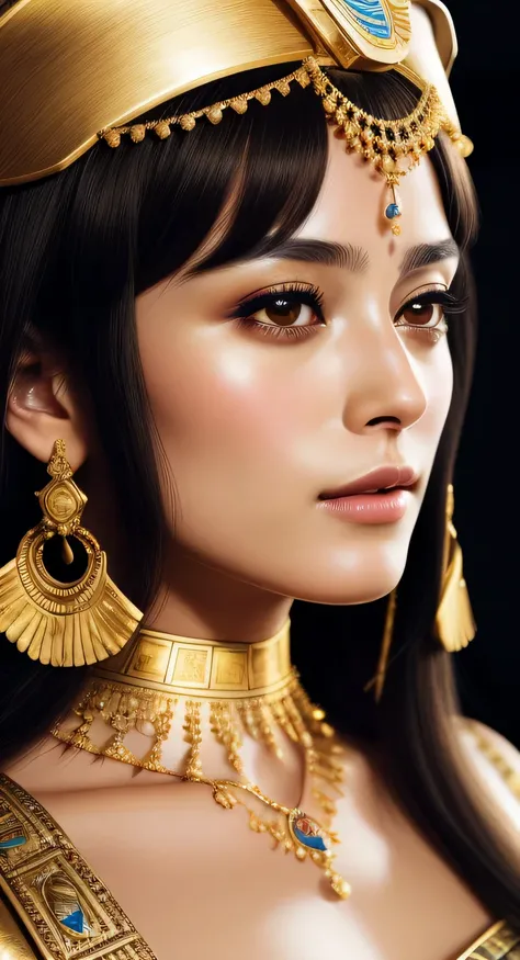 Cinematic Portraits, Professional cinematography, a close up of a woman in a gold outfit with an エジプト mask, Beautiful Cleopatra, Unbelievable detailed, Egyptian princess, cinematic goddess close shot, Very beautiful woman, cinematic goddess body shot,  por...