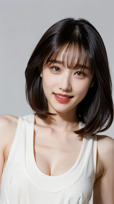 1 female,Simple Background,Short wavy hair－,Beauty,smile,Shooting from directly in front,Beautiful face,Perfect Style,Dynamic Angle,Cleavage,White tank top,The bra is a little visible,Masterpiece,Highest quality,Ultra high definition,Ultra-realistic,8K,