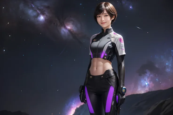 214 Short Hair, 20-year-old woman, A kind smile, Floral, Futuristic clothing, machinery suit, ((Clothes that show abs、Clothes with short sleeves)), (The background is a galaxy and nebula)