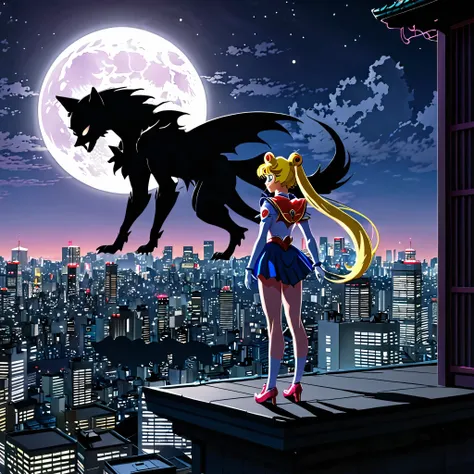 Sailor moon in her magical form is standing on her rooftop watching a shadow monster descend upon Tokyo, her magic is tingling, night time