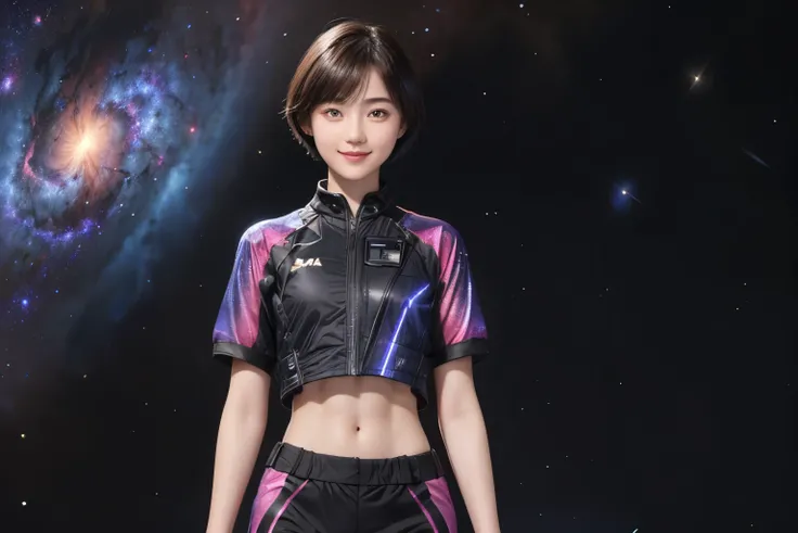 214 Short Hair, 20-year-old woman, A kind smile, Floral, Futuristic clothing, machinery suit, ((Clothes that show abs、Clothes with short sleeves)), (The background is a galaxy and nebula)