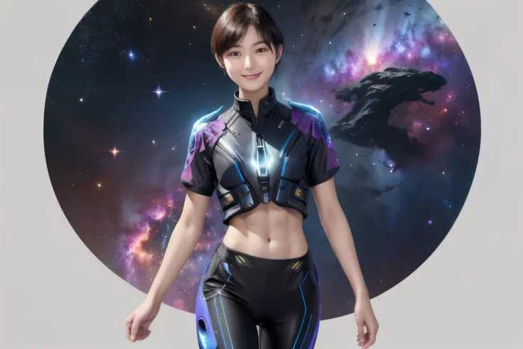 214 Short Hair, 20-year-old woman, A kind smile, Floral, Futuristic clothing, machinery suit, ((Clothes that show abs、Clothes with short sleeves)), (The background is a galaxy and nebula)