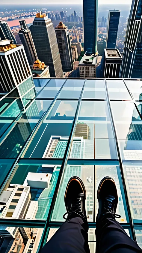 from above, best quality, standing on the rooftop, the edge of the roof of a skyscraper, the ground visible through a transparent glass floor, (magnificent view:1.5)