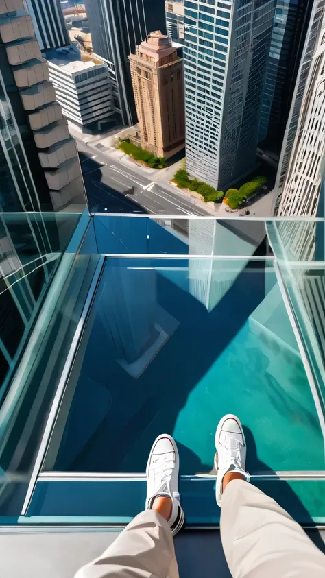 from above, best quality, standing on the rooftop, the edge of the roof of a skyscraper, the ground visible through a transparent glass floor, (magnificent view:1.5)